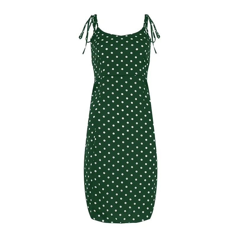 Polka Dot Sleeveless Sundress With Elastic Waist V Neck