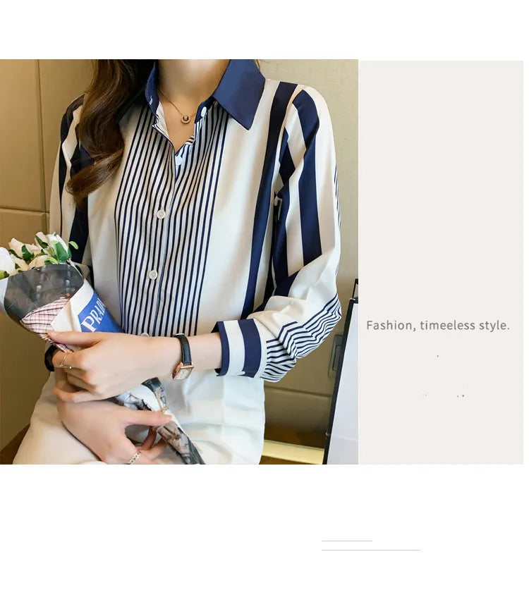 Women's Blue Striped Long Sleeve Shirt Button Up Polo Neck Blouse Casual Leisure Top