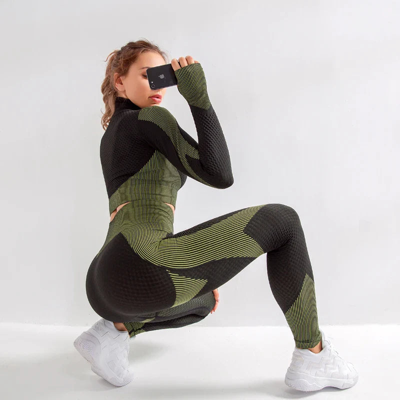 2/3Pcs Women Seamless Knitted Yoga Set with High Waist Leggings and Zipper Long Sleeve Crop Top Lightweight Stretchy Fitness Sportswear Gym Outfit