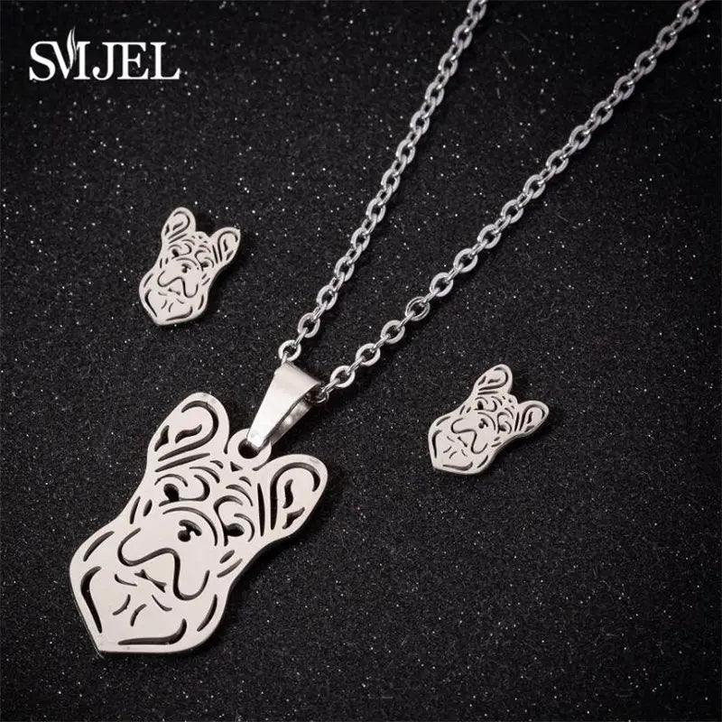 Stainless Steel Dog Paw Necklace and Earring Set for Women Cute Cat Pendant Jewelry Gift
