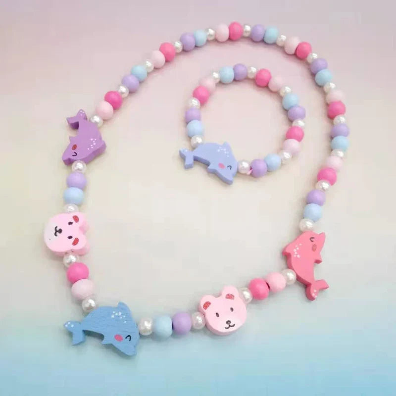 Colorful Cartoon Unicorn Wooden Jewelry Set for Kids Necklace and Bracelet Gifts