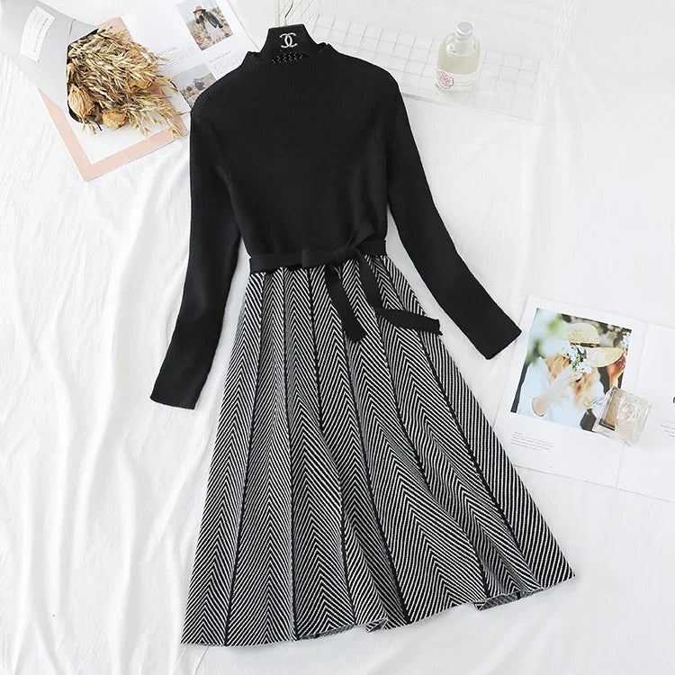 Knit Turtleneck A Line Dress With Long Sleeve Stripe Print