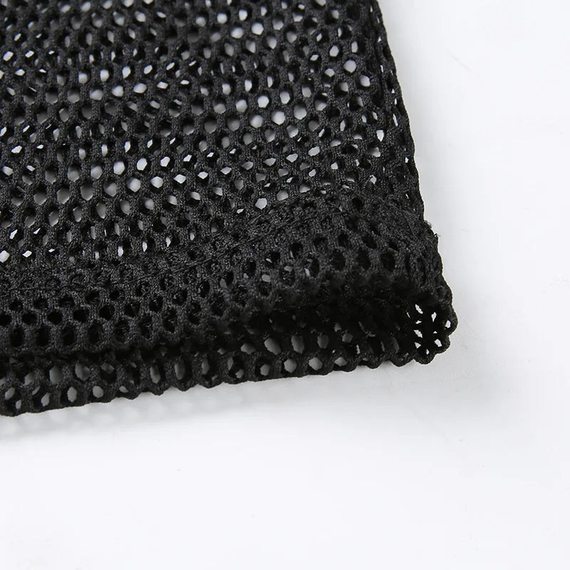 Womens Hollow Mesh Hooded Short Sleeve T-Shirt Transparent Black Party Wear