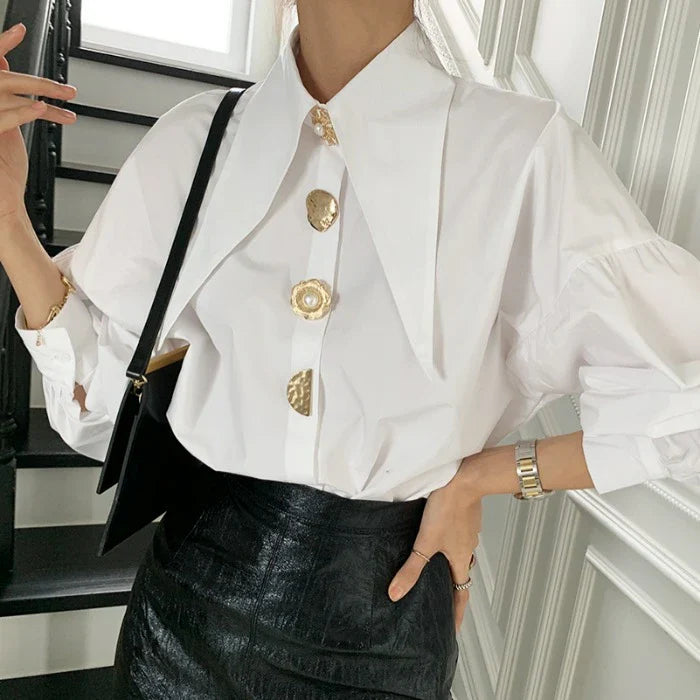 Spring Lapel Turn Down Collar Lantern Sleeve Casual Blouse Elegant Retro Loose Fit All-Match Women's Shirt