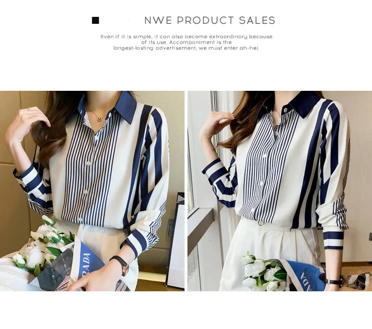 Women's Blue Striped Long Sleeve Shirt Button Up Polo Neck Blouse Casual Leisure Top