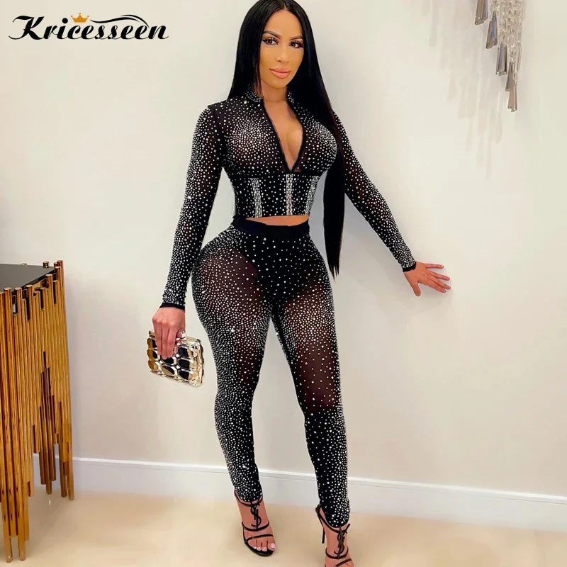 Sexy Black Diamond Crystal Pant Set for Women with Long Sleeve Zipper Top and Sheer Pants Suit for Parties and Clubs