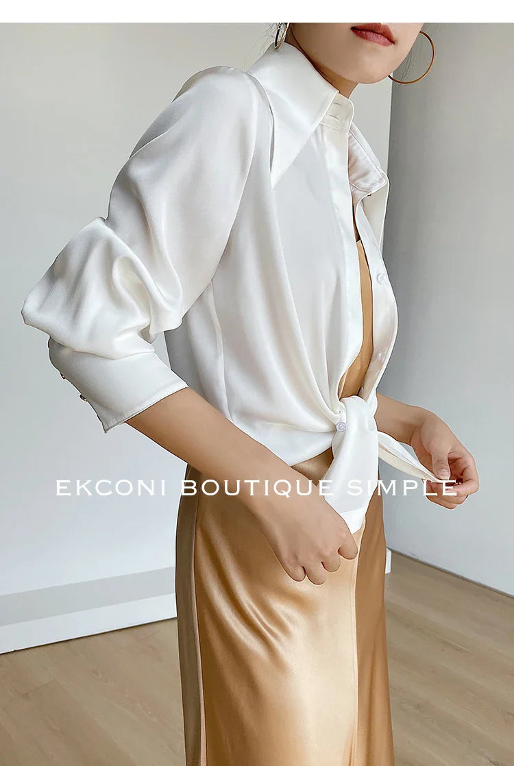Elegant Turn Down Collar Satin Silk Blouse Vintage Button Closure White Lantern Sleeve Office Lady Shirt Chic Feminine Top