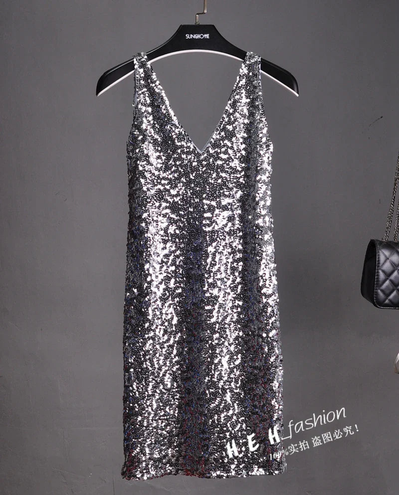 Sequin Dress Sleeveless Backless V Neck Party Nightclub