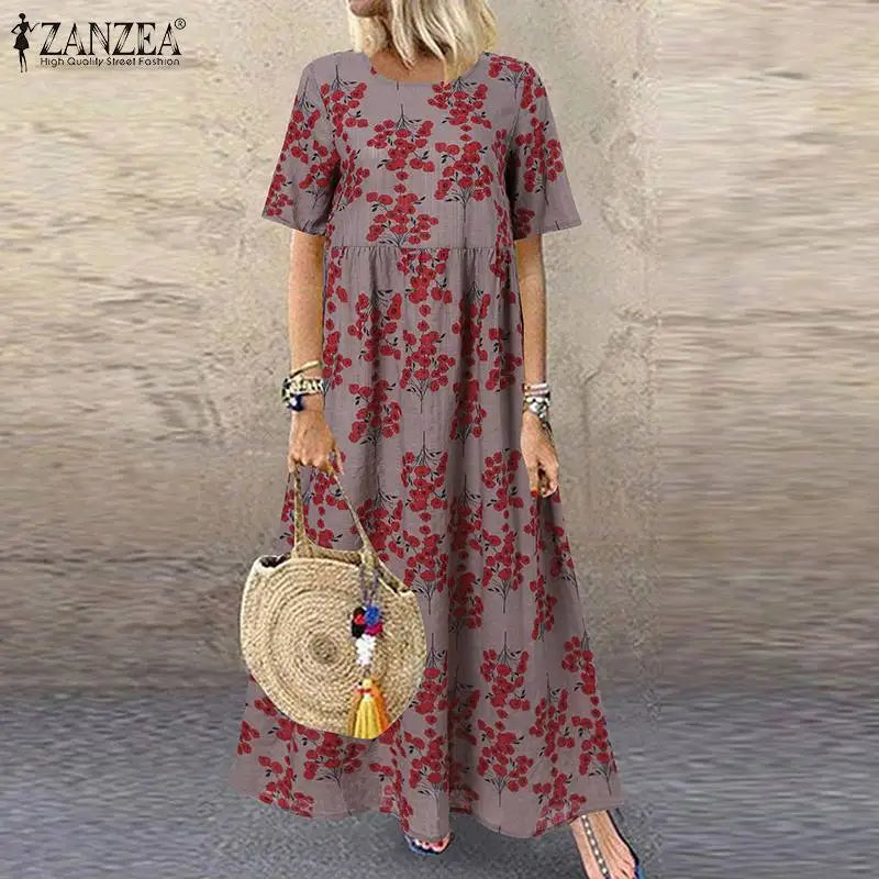 Bohemian Floral Sundress O Neck Short Sleeve Midi Dress