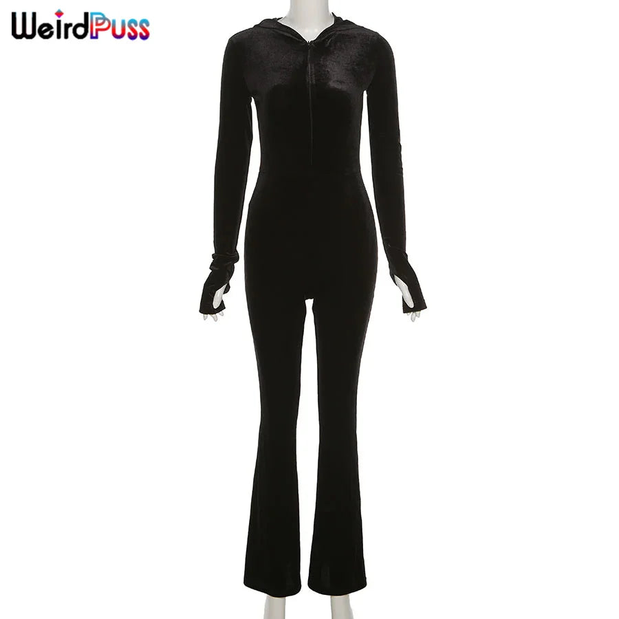 Weird Puss Velvet Zipper Hoodie Jumpsuit for Women Long Sleeve Skinny Stretchy Fitness Activewear Autumn Trend Hot Street Outfit