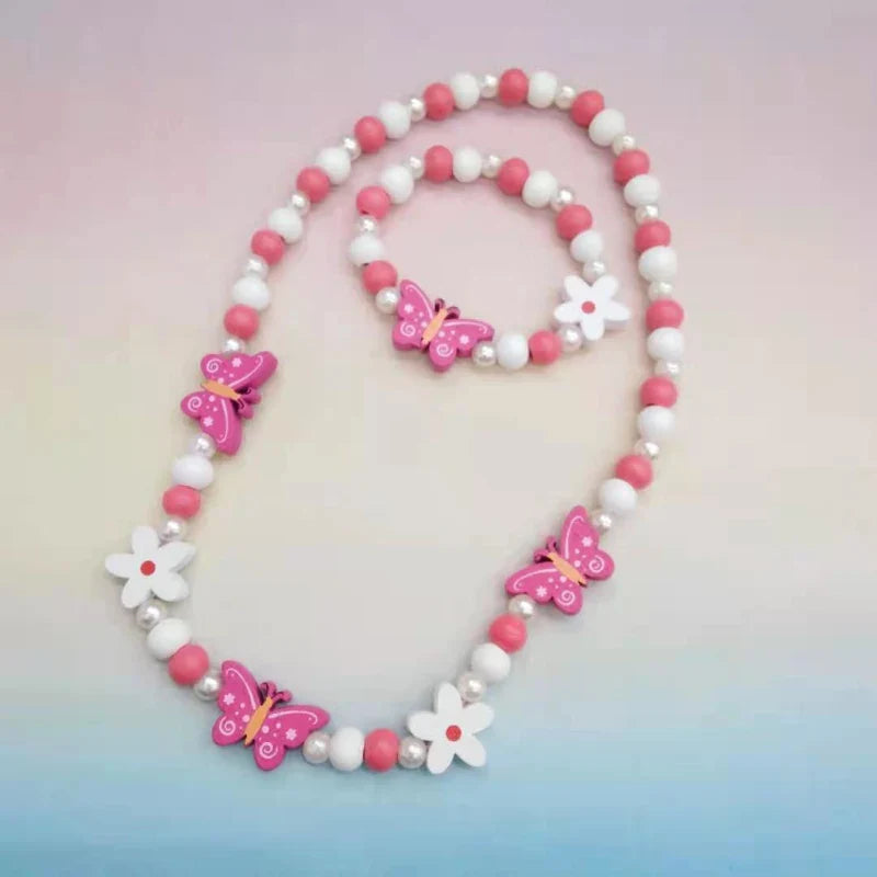 Colorful Cartoon Unicorn Wooden Jewelry Set for Kids Necklace and Bracelet Gifts