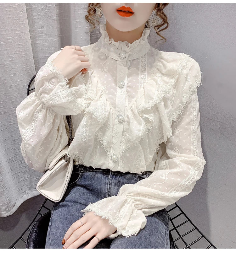 Elegant Women Long Sleeve Loose Button Shirt with Stand Collar Pleated Design Ruffle Lace Blouse Casual Spring Fashion Top