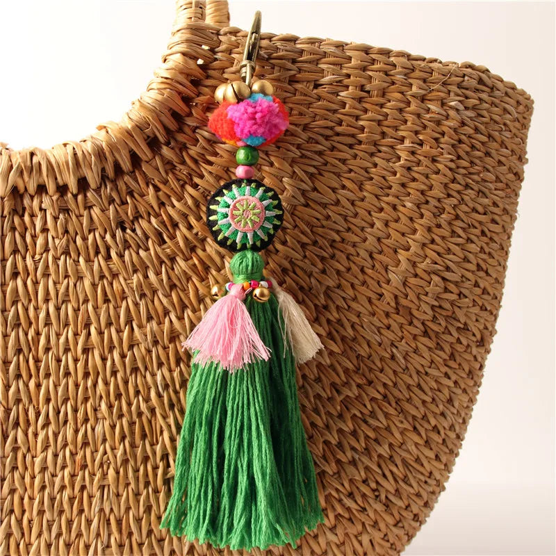 Colorful Flower Charms Keychain with Wooden Beads and Pompom Boho Jewelry