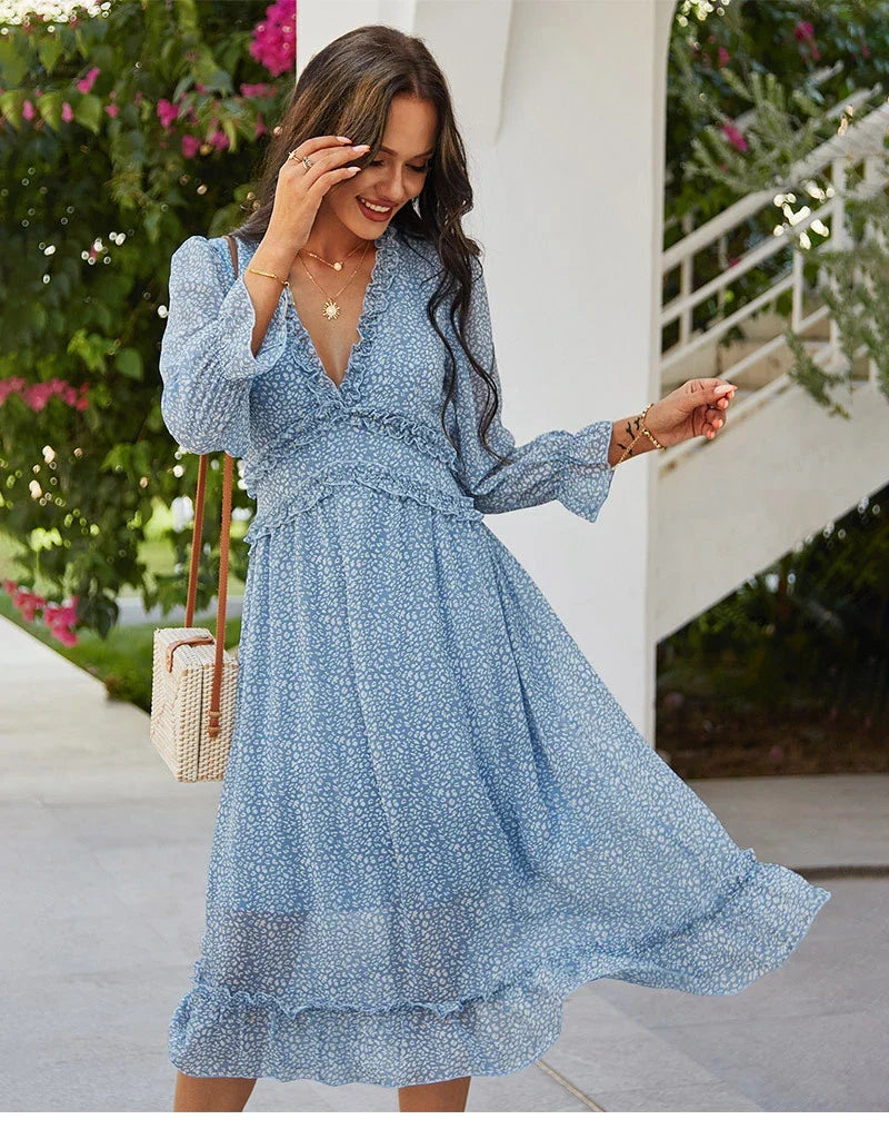 Floral Chiffon Maxi Dress With V Neck And Butterfly Sleeves