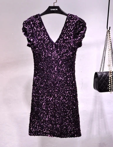 V Neck Sequin Stage Dress For Performance Glittering Look