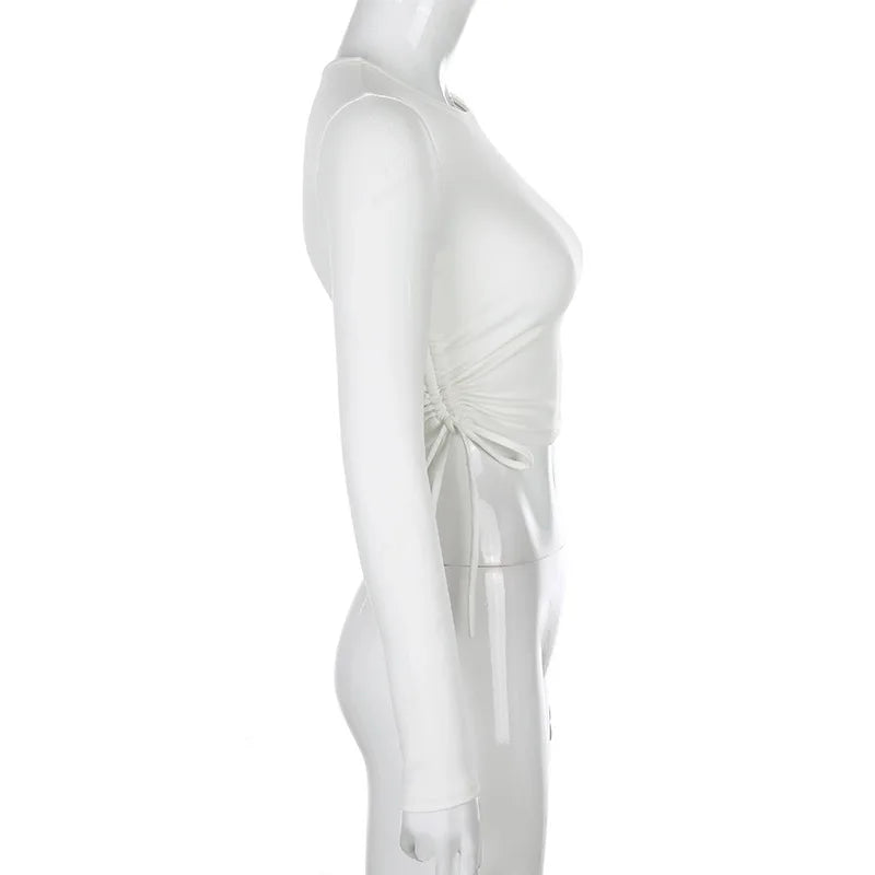 Sexy O-Neck Long Sleeve Bodycon Cropped Top with Irregular Drawstring Bandage Design for Women