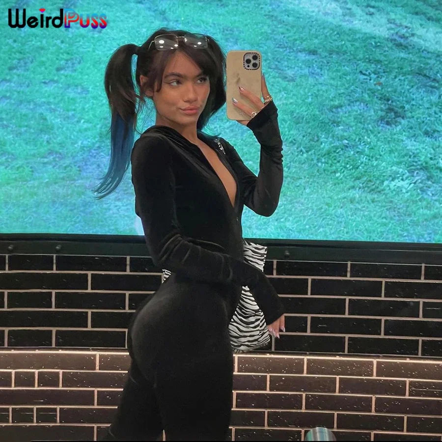 Weird Puss Velvet Zipper Hoodie Jumpsuit for Women Long Sleeve Skinny Stretchy Fitness Activewear Autumn Trend Hot Street Outfit