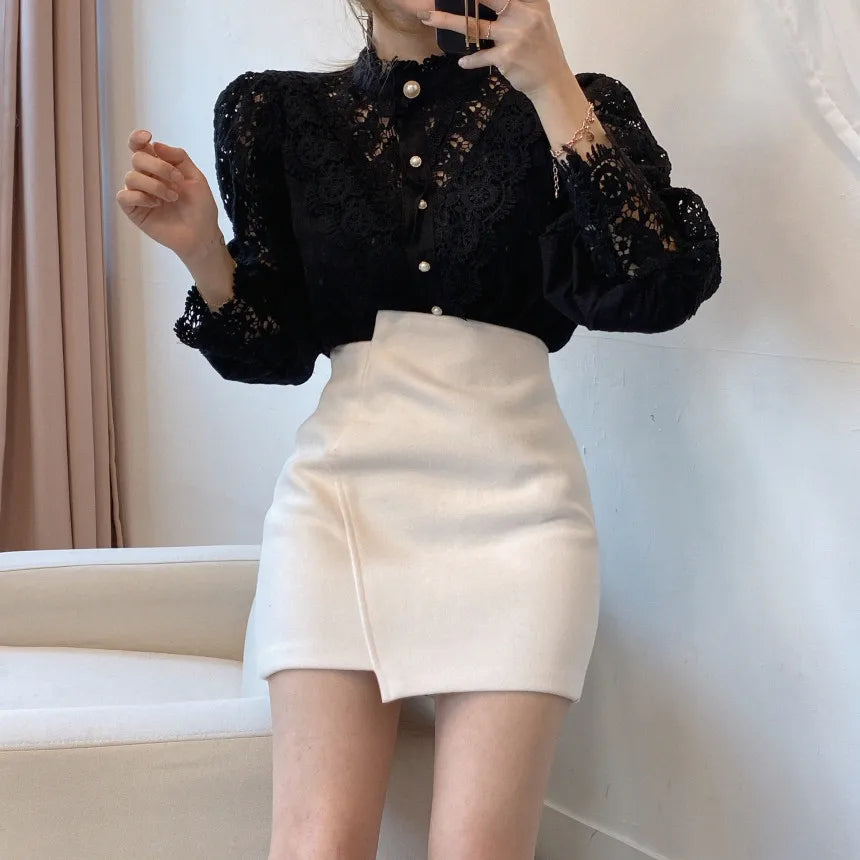 Elegant Hollow Out Long Sleeve Women Blouse with Petal Sleeves and Stand Collar, Stylish Office Shirt for Autumn Fashion