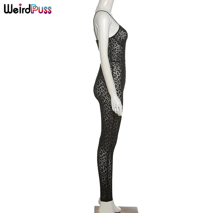 Sexy Leopard Print Skinny Jumpsuit for Women Sleeveless Backless Stretch Fit Workout Activewear Party Nightclub Outfit