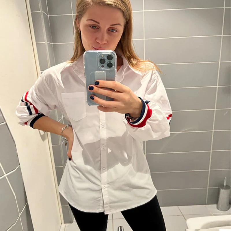 White Oversized Loose Button-Up Stripe Bandage Shirt for Women Long Sleeve Turn-Down Collar Woven Blouse Plus Size Ladies Top