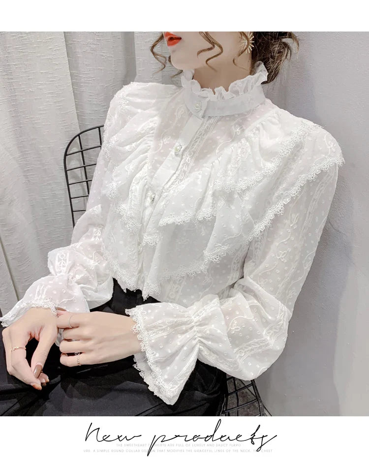 Elegant Women Long Sleeve Loose Button Shirt with Stand Collar Pleated Design Ruffle Lace Blouse Casual Spring Fashion Top
