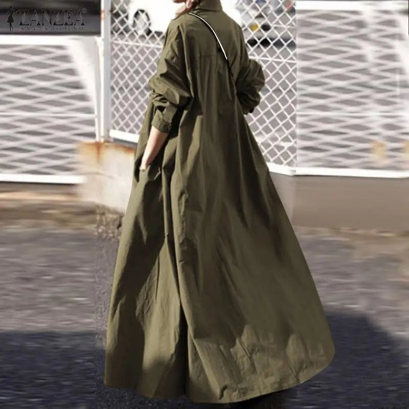 Womens Long Sleeve Maxi Dress With Button Front Pockets