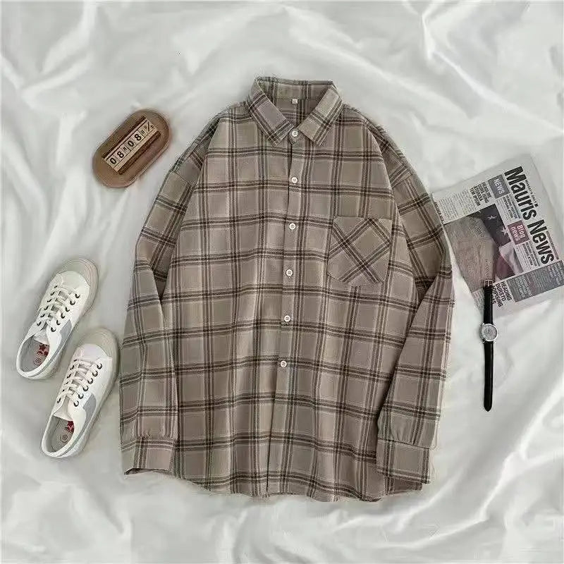 Vintage Plaid Oversize Button Up Shirt for Women Long Sleeve Casual Fall Outwear Top Blusas Mujer