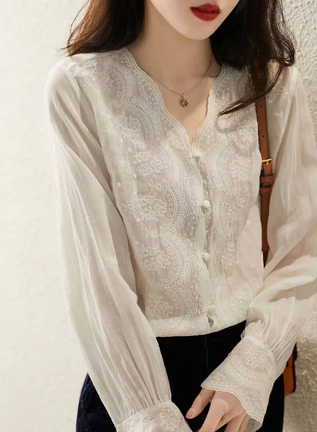 French Embroidery Flower Lace V Neck Linen Blouse Long Sleeve Loose Fit Elegant Sunscreen Shirt for Women Autumn Casual Top