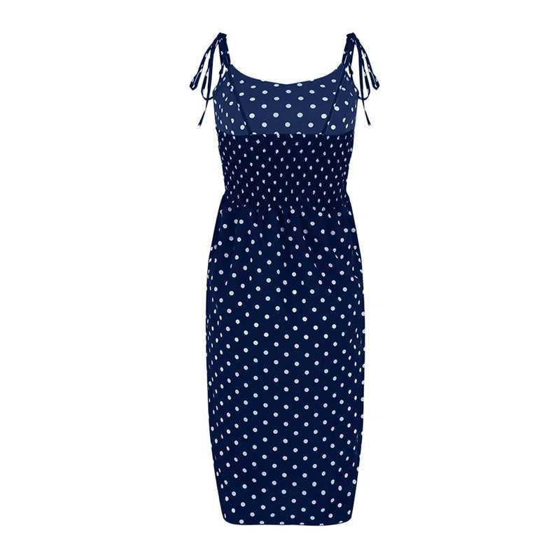 Polka Dot Sleeveless Sundress With Elastic Waist V Neck