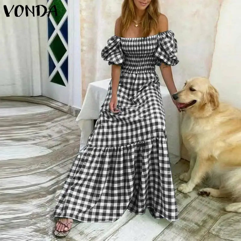 Boho Plaid Maxi Dress With Short Puff Sleeve For Summer