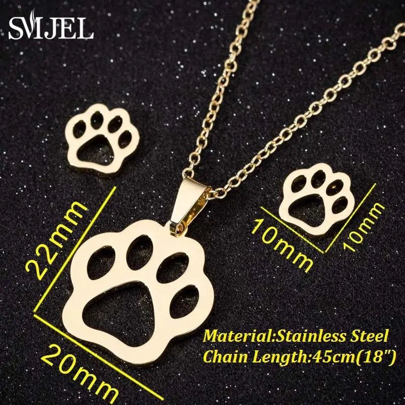 Stainless Steel Dog Paw Necklace and Earring Set for Women Cute Cat Pendant Jewelry Gift