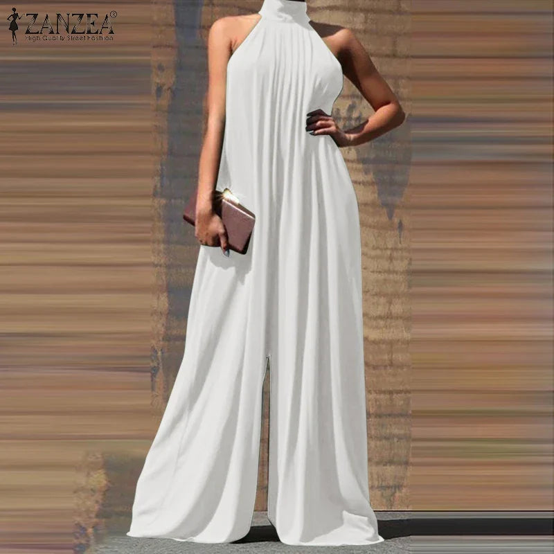 Elegant Sleeveless Wide Leg Jumpsuit for Women Party Casual Holiday Maxi Romper with Stand Collar and Back Button Closure