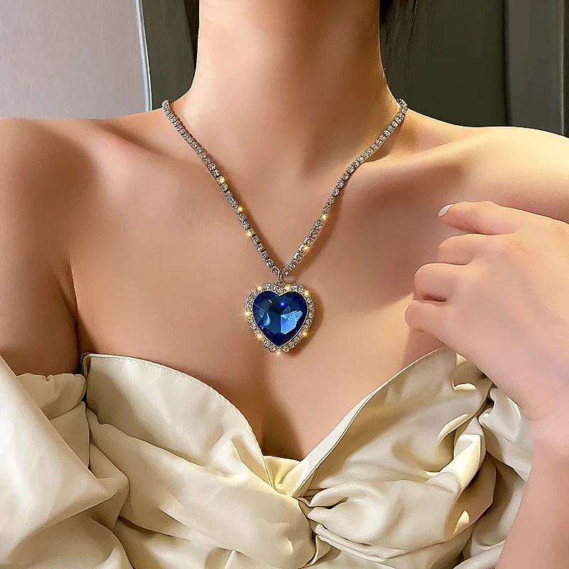Big Crystal Heart Pendant Necklace for Women with Full Rhinestone Titanic Heart Design in Blue Love Forever Jewelry