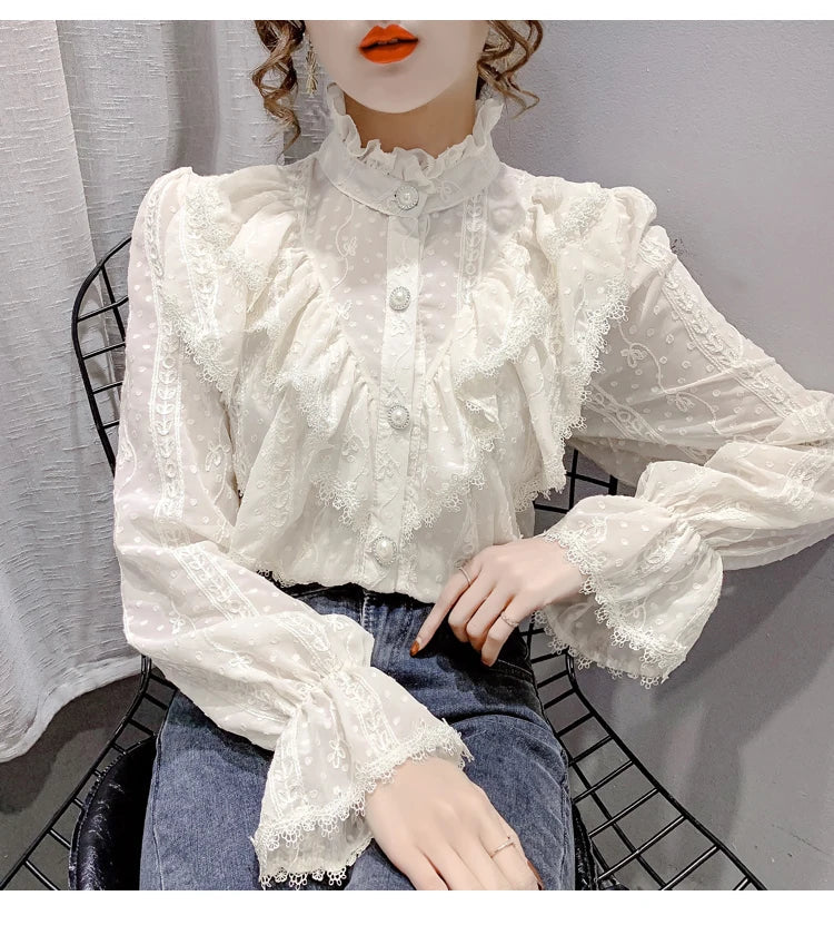 Elegant Women Long Sleeve Loose Button Shirt with Stand Collar Pleated Design Ruffle Lace Blouse Casual Spring Fashion Top