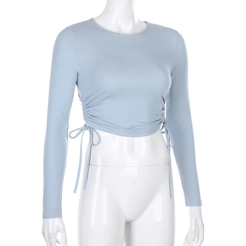 Sexy O-Neck Long Sleeve Bodycon Cropped Top with Irregular Drawstring Bandage Design for Women