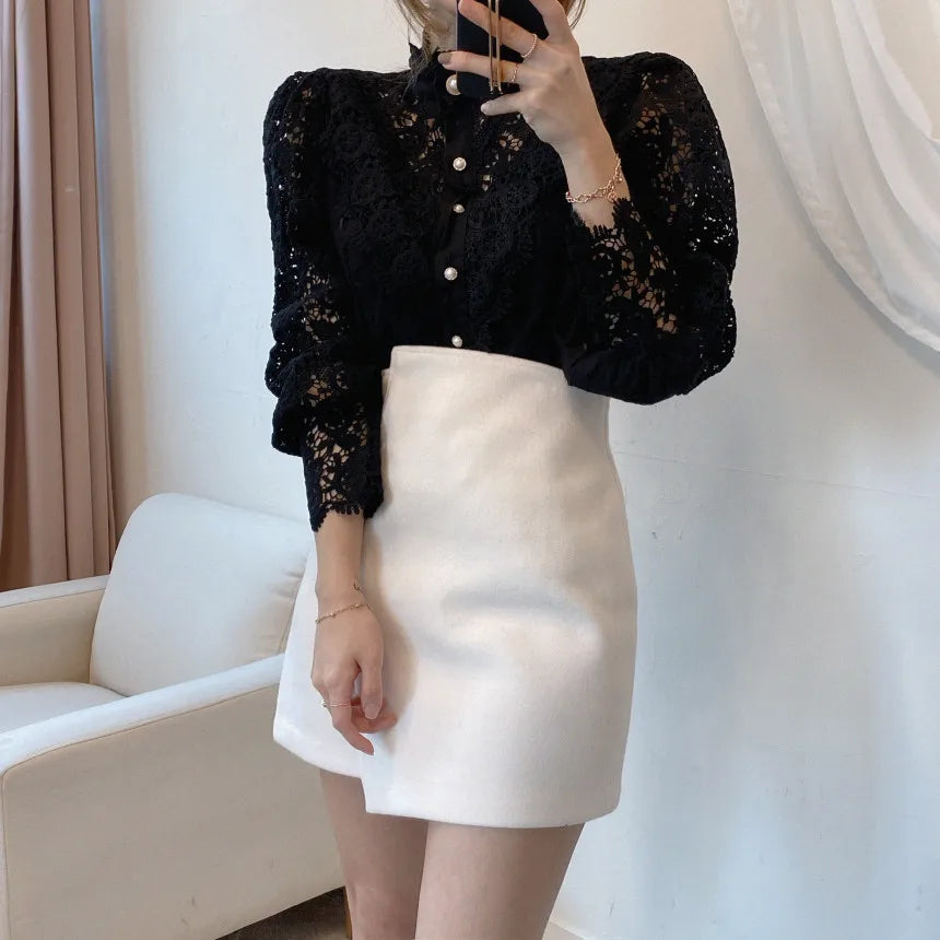Elegant Hollow Out Long Sleeve Women Blouse with Petal Sleeves and Stand Collar, Stylish Office Shirt for Autumn Fashion