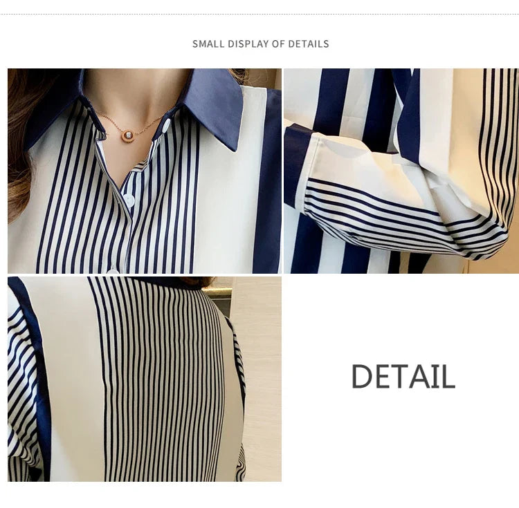 Women's Blue Striped Long Sleeve Shirt Button Up Polo Neck Blouse Casual Leisure Top