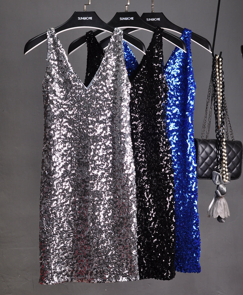 Sequin Dress Sleeveless Backless V Neck Party Nightclub