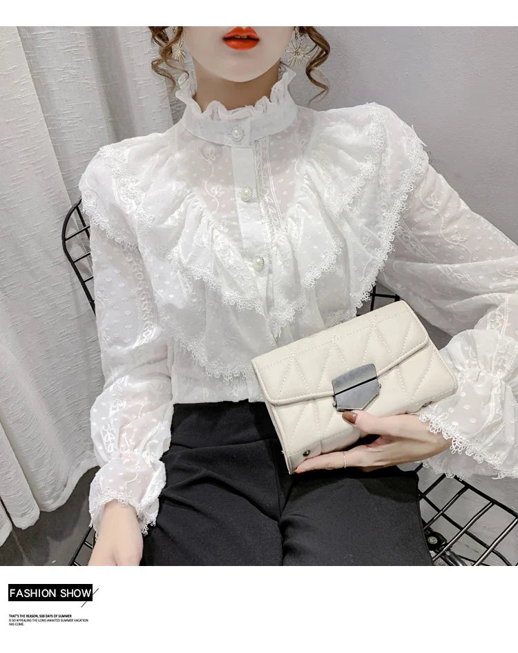 Elegant Women Long Sleeve Loose Button Shirt with Stand Collar Pleated Design Ruffle Lace Blouse Casual Spring Fashion Top