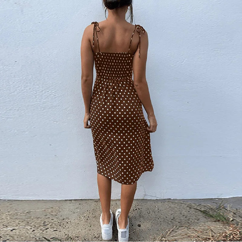 Polka Dot Sleeveless Sundress With Elastic Waist V Neck