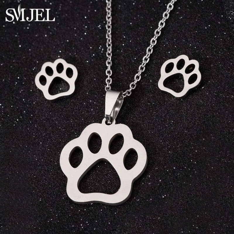 Stainless Steel Dog Paw Necklace and Earring Set for Women Cute Cat Pendant Jewelry Gift
