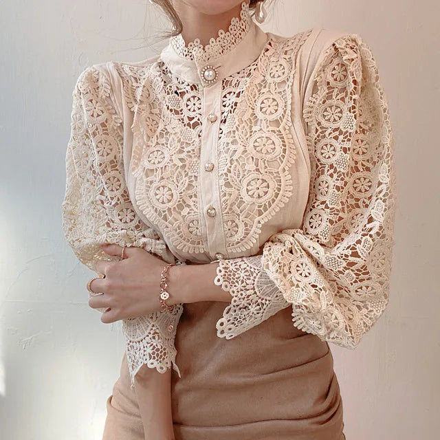 Elegant Hollow Out Long Sleeve Women Blouse with Petal Sleeves and Stand Collar, Stylish Office Shirt for Autumn Fashion