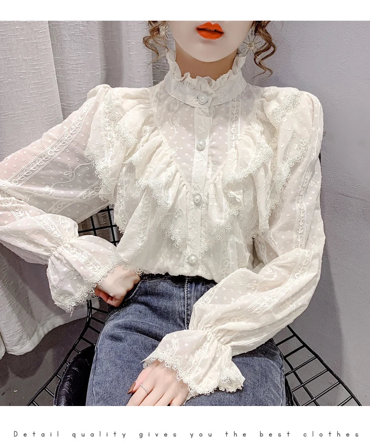 Elegant Women Long Sleeve Loose Button Shirt with Stand Collar Pleated Design Ruffle Lace Blouse Casual Spring Fashion Top
