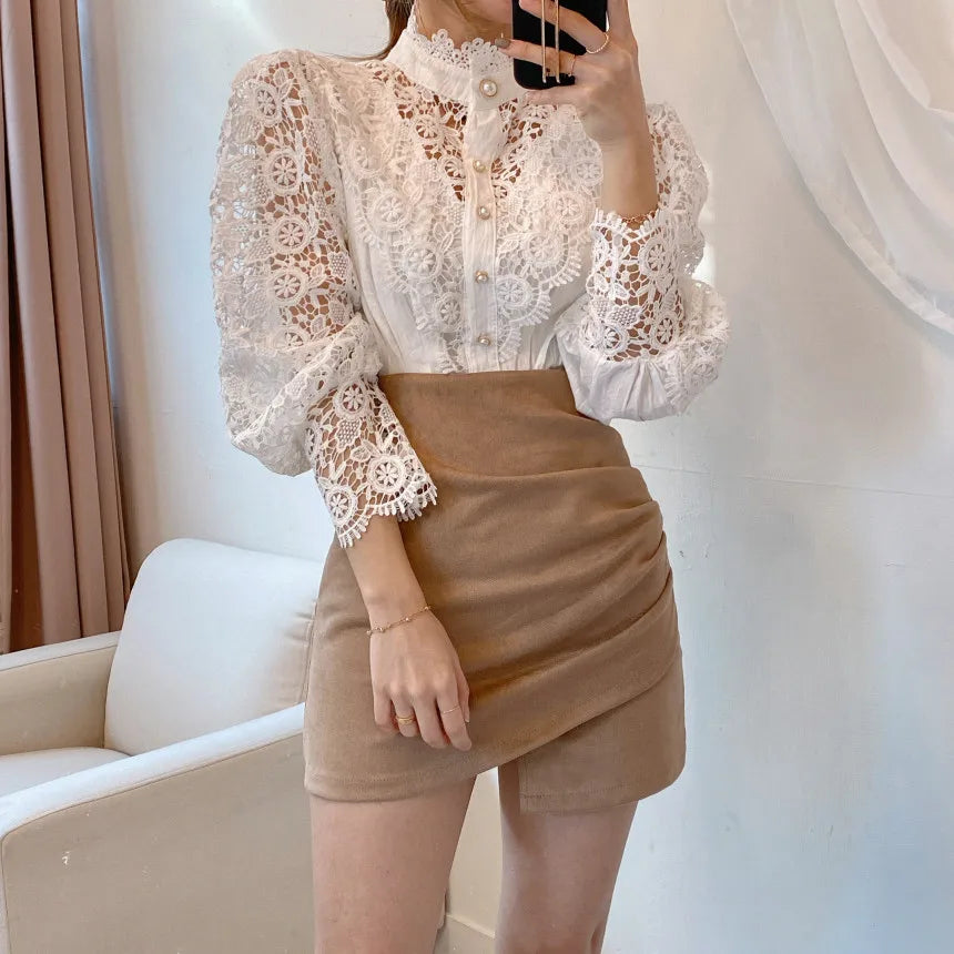 Elegant Hollow Out Long Sleeve Women Blouse with Petal Sleeves and Stand Collar, Stylish Office Shirt for Autumn Fashion