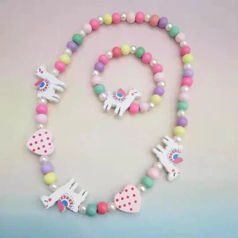 Colorful Cartoon Unicorn Wooden Jewelry Set for Kids Necklace and Bracelet Gifts