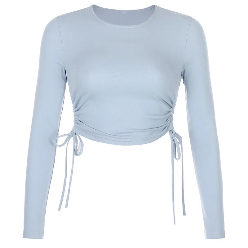 Sexy O-Neck Long Sleeve Bodycon Cropped Top with Irregular Drawstring Bandage Design for Women