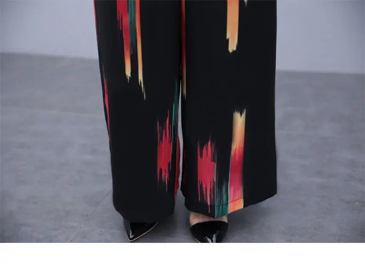 Women's Elegant V-Neck Bodysuit Jumpsuit with High Waist Wide Leg Pants Casual Printed Playsuit Romper