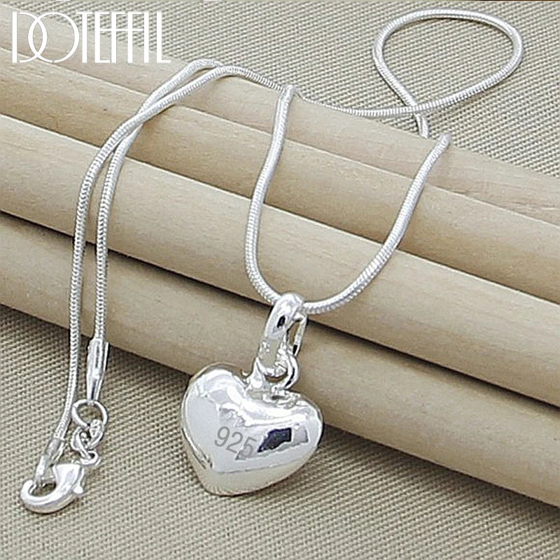 Silver Heart Pendant Necklace with Snake Chain for Women Fashion Jewelry 16-30 Inch