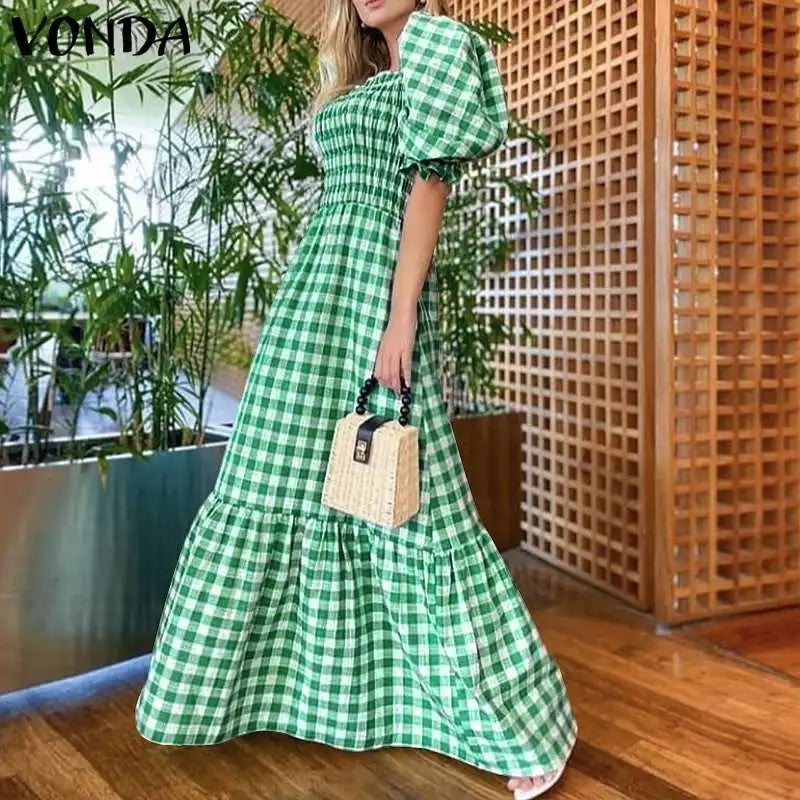 Boho Plaid Maxi Dress With Short Puff Sleeve For Summer