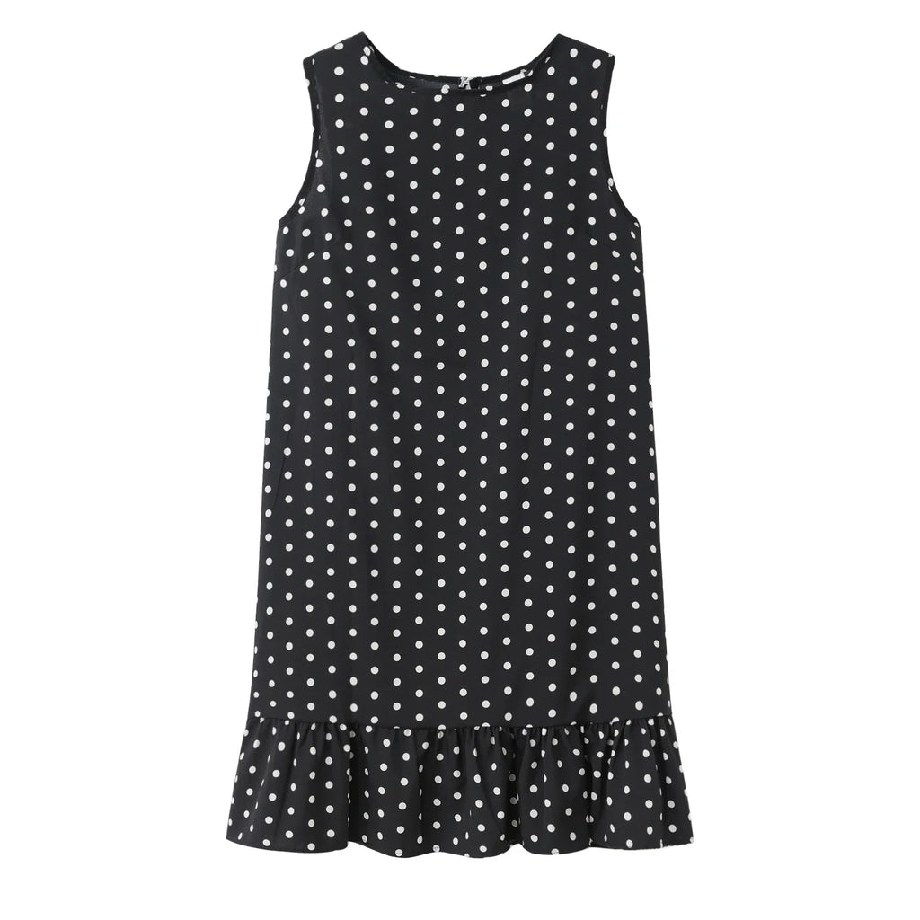 Polka Dot Dress Ruffled Sleeveless Women Round Neck